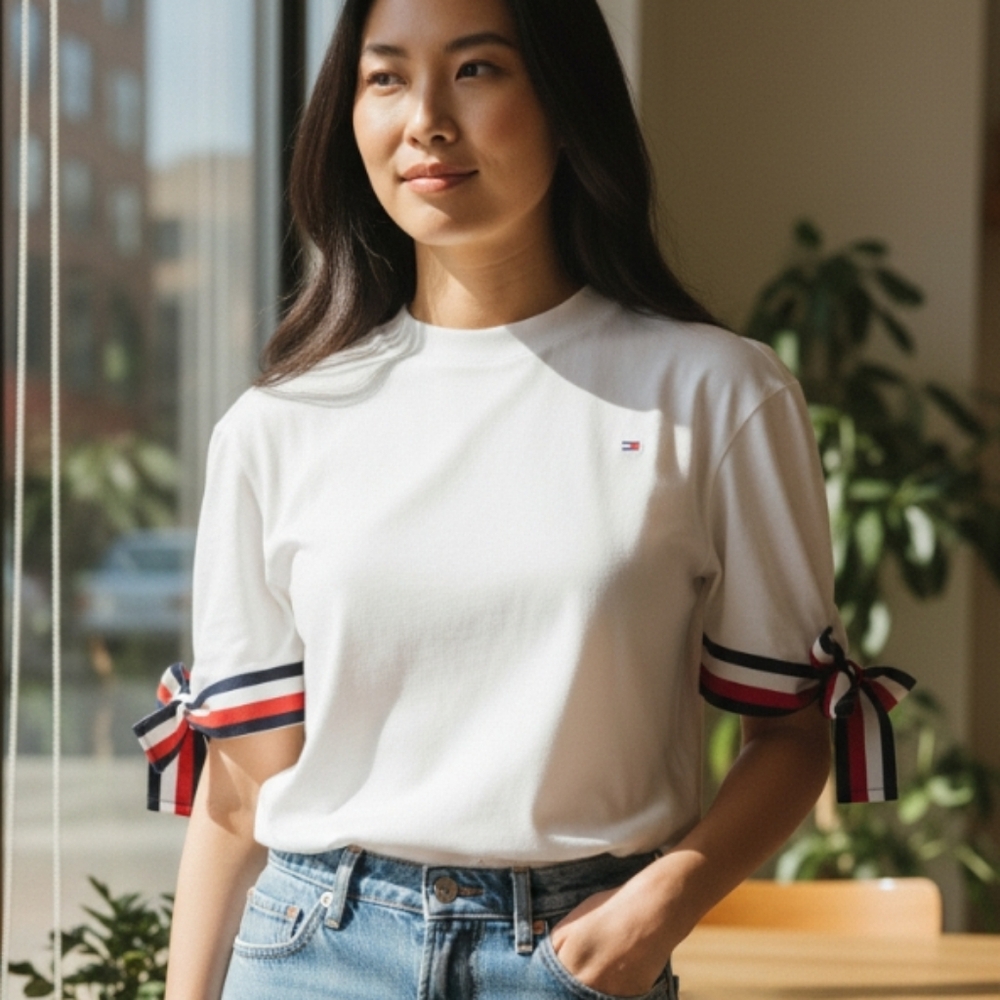 Tommy Hilfiger Women's White Top with Ribbon Detail